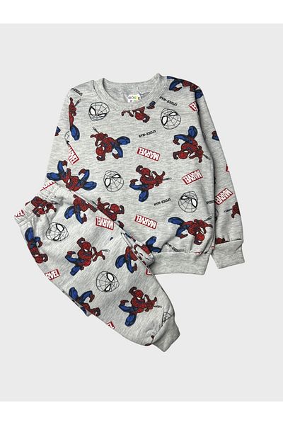 Pajama Shop Boys' Cotton Hooded Gray Spider Avengers Patterned Long Sleeve Winter Pajama Set