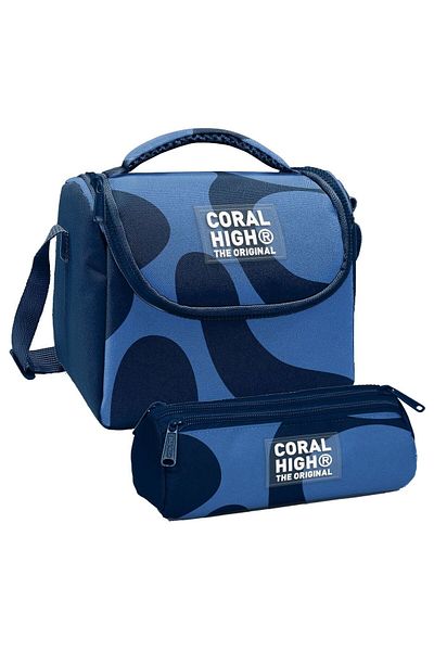 Coral High Cutie termică pentru prânz cu dungi de culoare albastru bleumarin pentru băiat și geantă pentru creion cu trei compartimente