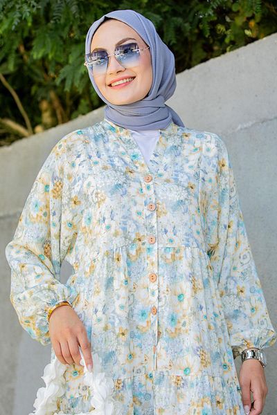 Tesettür Çarşım Lily Patterned Relax Summer Dress-Grey