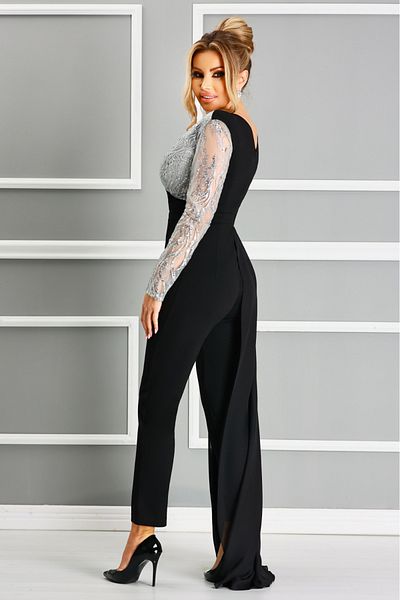Atmosphere Fashion Elegant black jumpsuit with train and silver lace