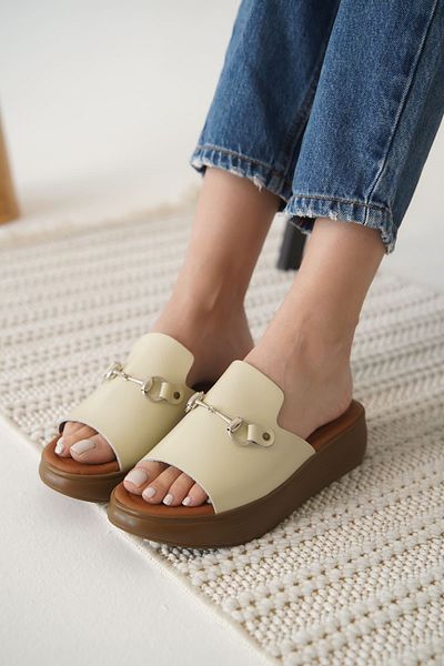 MarjinalTrendim Nelly Beige Genuine Leather Slippers