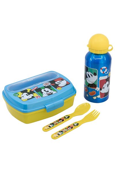 Mickey Mouse Set of 400 ml aluminum water bottle and sandwich box with cutlery, BPA free, Fun-Tastic, Mickey Mouse