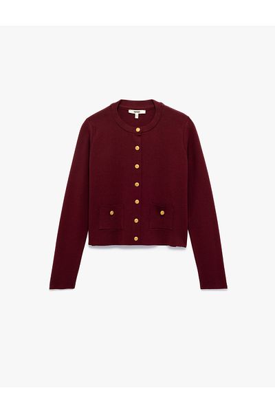 Koton Gold Button Detailed Long Sleeve Crew Neck Knitwear Cardigan with Pockets