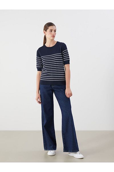 LC Waikiki Navy Blue Crew Neck Striped Women's Knitwear Sweater