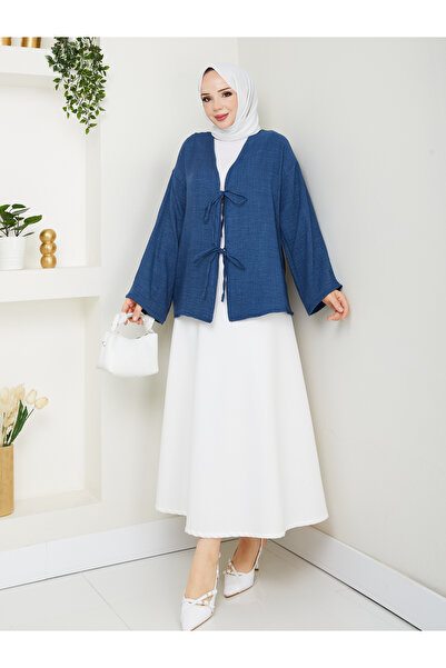 exxitcollection Γυναικείο λινό χιτζάμπ με δέσιμο μπροστά με 2 κορδόνια Μοντέρνα κομψή φούστα μπλουζάκι μπλε κιμονό