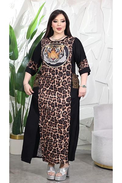 Kokostrendi Spotted Leopard Crystal Stone Long Dress - Black
