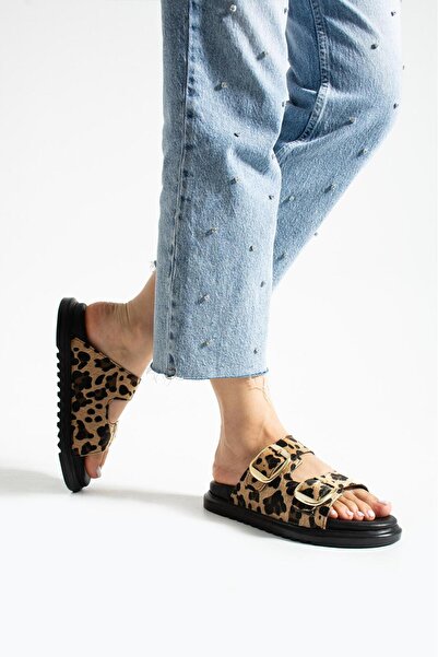 Güllü Shoes Leopard Patterned Double Buckle Anatomical Sole Women's Slippers Summer Daily Comfortable Orthopedic Sandals