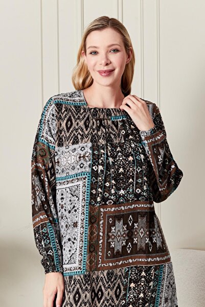 Ferace Women's Plus Size Ethnic Pattern Square Neck Dress