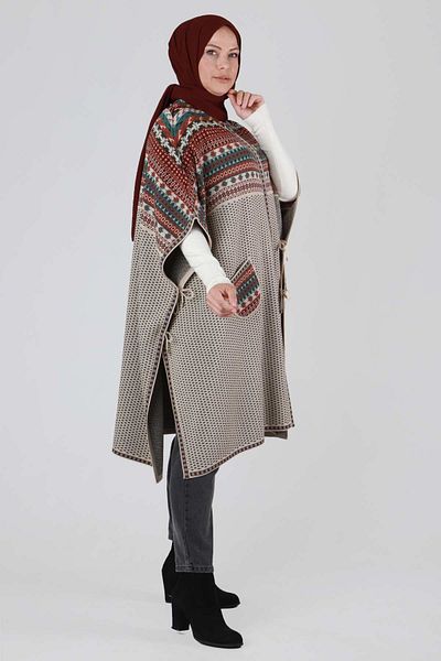 Moda Rosa 25K9620 - Stone - Large Size Hijab Knitwear Poncho