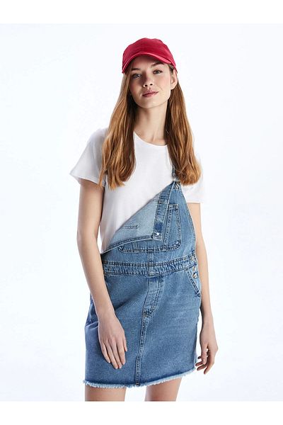 LC Waikiki Xside Blue Square Collar Women's Jean Salopet Dress