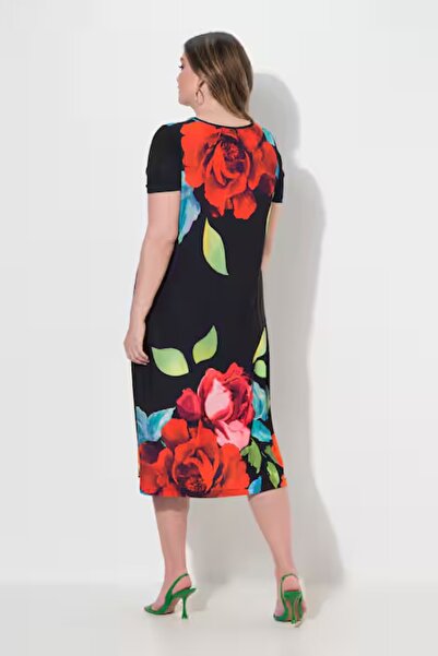 Şans Women's Plus Size Black, Floral Print, A-Line Crew Neck Dress 65N39005