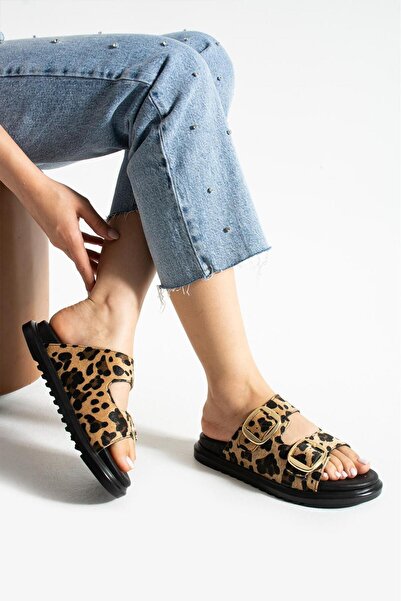 Güllü Shoes Leopard Patterned Double Buckle Anatomical Sole Women's Slippers Summer Daily Comfortable Orthopedic Sandals