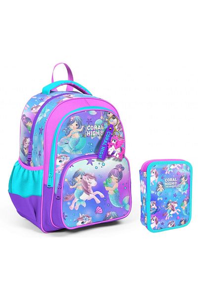 Coral High Turquoise Unicorn Girl's School Bag and Organizer Pen Holder Set