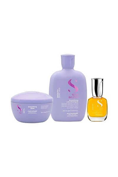 Alfaparf Milano Șampon de netezire Semi Di Lino 250 ml Mască, 200 ml Cristalli Liquidi Oil 15 ml