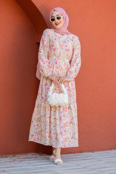 Tesettür Çarşım Lidy Çiçekli Desen Yazlık Elbise-Pembe