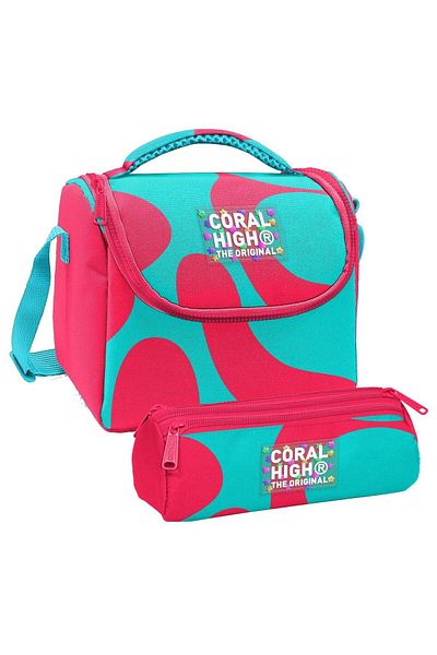 Coral High Girl's Red Turquoise Colored Striped Thermo Lunchbox and Three Compartment Pen Holder S