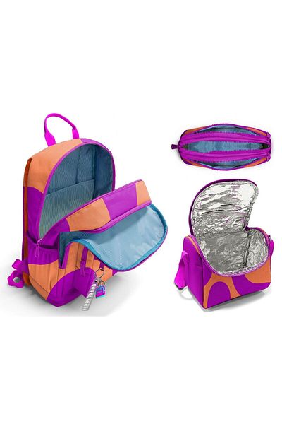 Coral High Primary and Secondary School School Bag Trio - Girl, Orange Purple Colored Striped