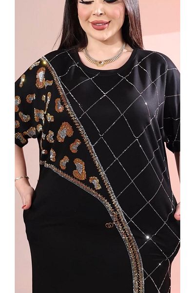 Kokostrendi Checkered Square Pattern Crystal Stone Dress - Black