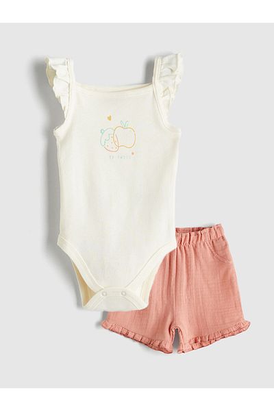 LC Waikiki Ecru Crew Neck Baby Girl Snapback Bodysuit and Shorts 2-Piece