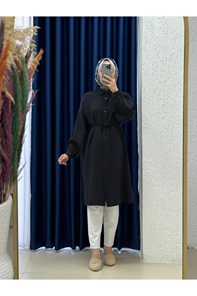 MİHRA STORE Πουκάμισο Miresia Lace Up Long Modal-PE261 Μαύρο