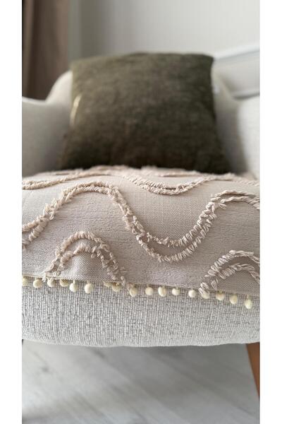 DİLETTO Oturma Yerini Kapatan Dalgalı Ponponlu Koltuk Örtüsü | Berjer Örtüsü 70x95 Cm Vizon