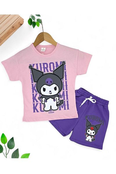 Ege Bebek Girl's Yazik Kuromi Printed 4-10 Years Shorts Bottom Top Set