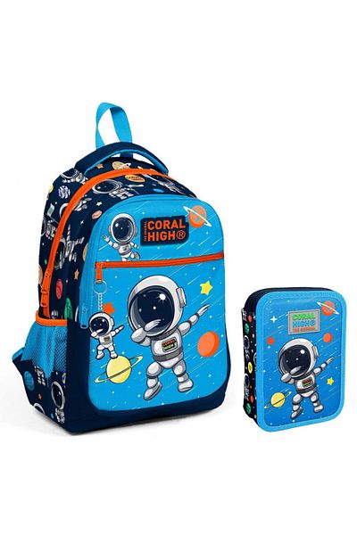Coral High Set ghiozdan și suport pentru stilou pentru băieți Blue Astronaut 23486+11149