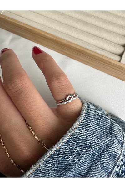 ringbox Silver Colored Knot Detailed Pinky Ring