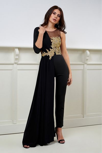 Atmosphere Fashion Black jumpsuit with train and gold embroidery