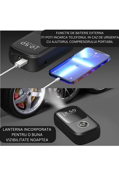 CLAUSTEEL Compresor portabil auto, 4000mAh, afișaj LED, baterie externă, lanternă, accesorii incluse