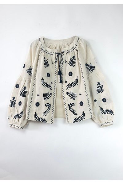 MELEK KOSTAK Women's Beige Black Flower Embroidery Embroidered Design Raw Linen Jacket Bohemian Vintage Hijab Jacket