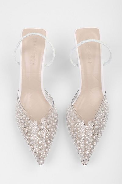 Shoeberry Women's Pearly White Pearl Detailed Heeled Transparent Stiletto