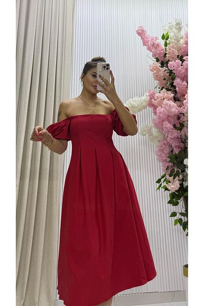 Daves Atlas Fabric Rochie roșie de lungime midi, cu mâneci bufante scurte, decolteu fără bretele