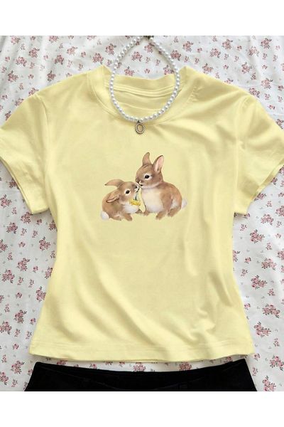 Touz Moda Baby Tee Belt Boy Cute Rabbit εμπριμέ Crop μπλούζα