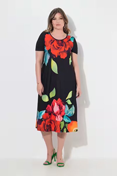 Şans Women's Plus Size Black, Floral Print, A-Line Crew Neck Dress 65N39005