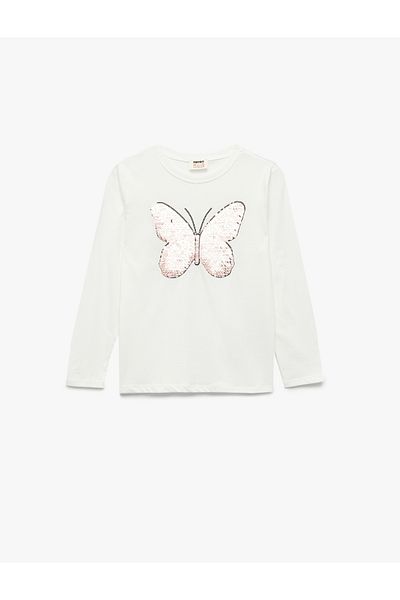 Koton Sequin Sequined Long Sleeve Crew Neck Cotton T-Shirt