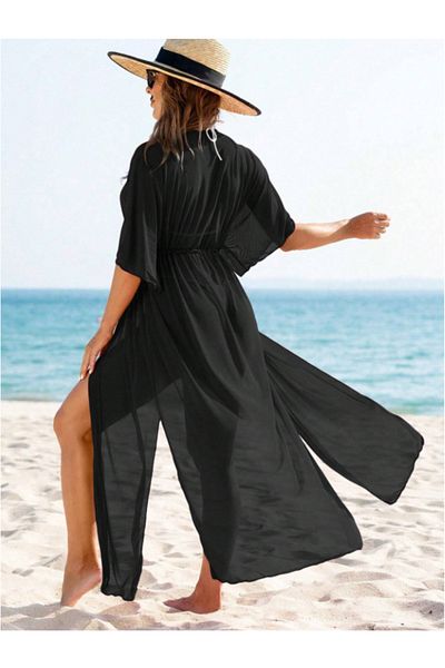 OLSAMODA Women's Long Tulle Beach Kimono with Lace and Slits - Transparent Tulle Pareo