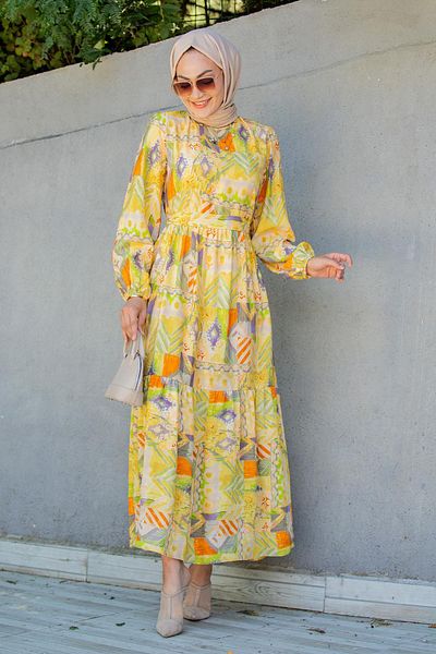 Tesettür Çarşım Mihre Ethnic Pattern Modal Crepe Dress-Yellow