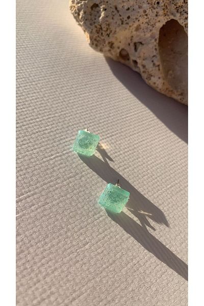 MISS GOLDEN Serrated Shiny Water Green Color Square Shape Epoxy Earrings with Gold Accessories Handmade Gift