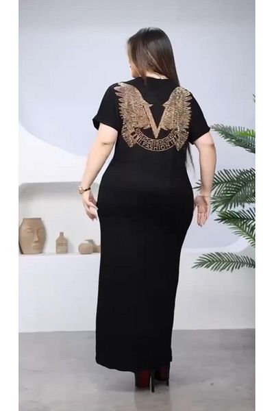 Kokostrendi Winged Crystal Stone Long Dress - Black Gold
