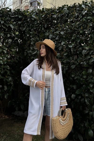 NEW LAVİVA Women's Straw Detailed Oversized Muslin Kimono 700-3441