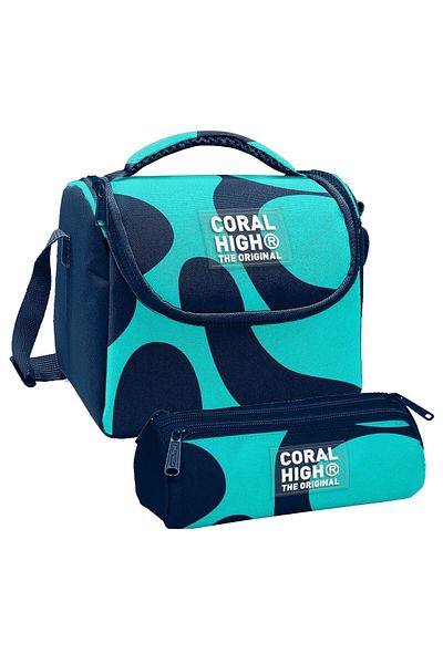 Coral High Термо чанта за обяд за момче в тъмносиньо и тюркоазено на райета с три отделения и молив