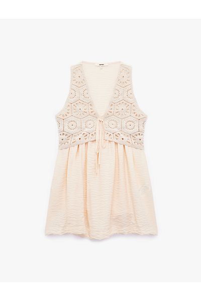 Koton V Neck Sleeveless A-Line Mini Crochet Detail Viscose Dress