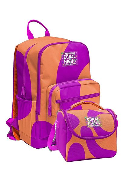 Coral High Elementary and Middle School Backpack and Nutrition Set - Orange Purple Color for Girls