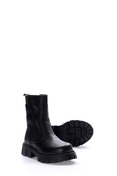 Ayakkabıhane Fur Inside and Genuine Leather Outside Black Unisex Children's Thick Sole Boots Ah08612116116447