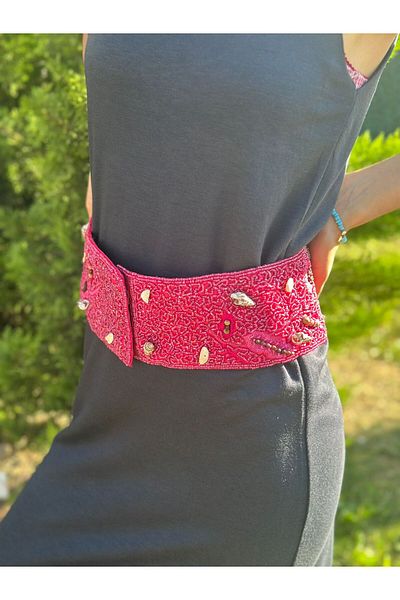 Gönülden Tasarım Pink Beadwork Sea Shell Work Women's Cirtcirt Women's Belt 110X10 cm