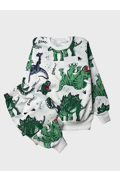 Pajama Shop Boys' Cotton Hooded White Dinosaur Pattern Long Sleeve Winter Pajamas Set