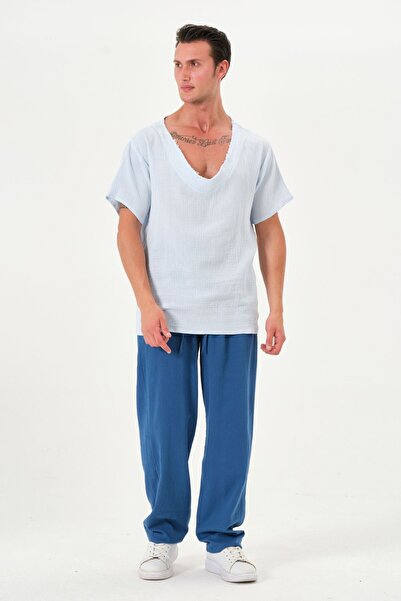 RELAXL Μπλουζάκι από 100% βαμβάκι Oversize με φαρδύ λαιμόκοψη V με λαιμόκοψη Baby Blue Muslin