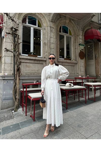 MELEK KOSTAK Women's White Oversize Lace Detail Stand Collar Balloon Sleeve Hijab Shirt