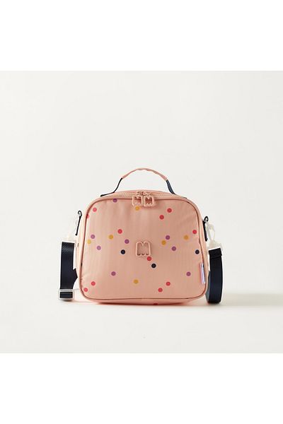 Marshmallow Dot Print Lunch Bag with Zipper Closure and Adjustable Strap - 1-Year Warranty